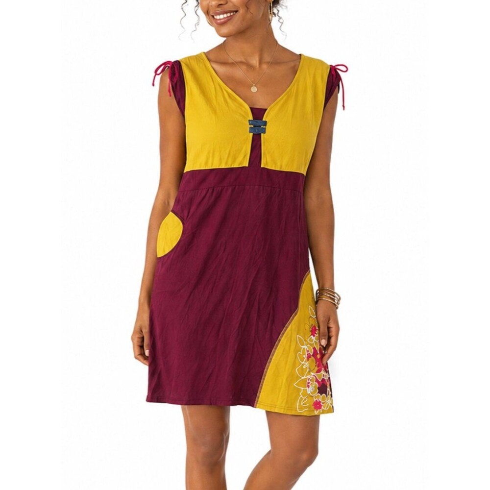 Coline Colorblock Cotton Blend Dress XL Boho Floral Pocket Midi Lagenlook